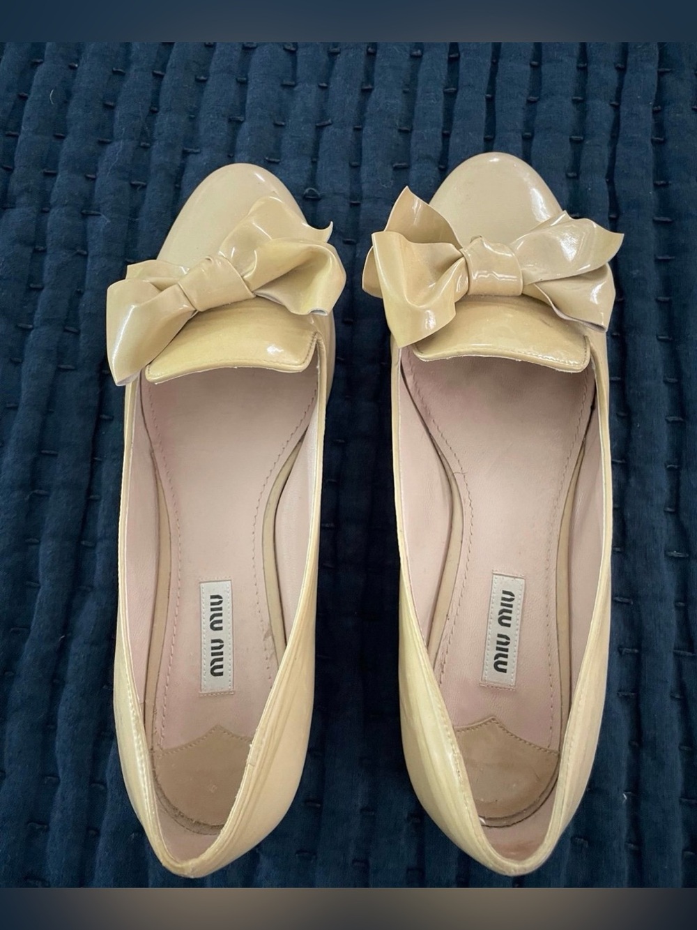 Miu Miu Patent Bow Ballet Flats in Light Beige 39 crystal heel